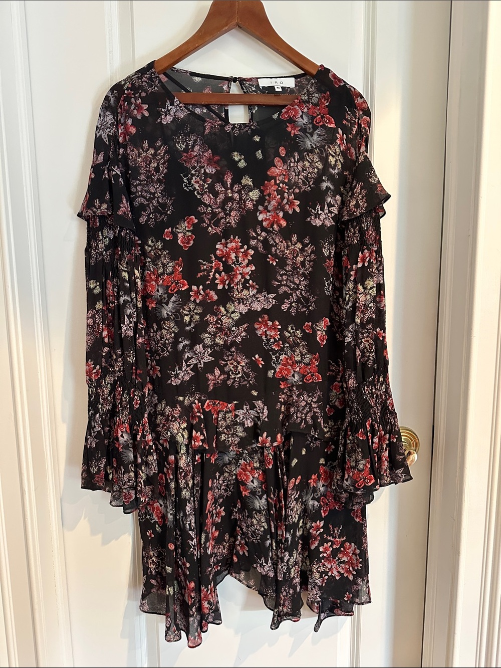 IRO Black Long-Sleeve Floral Ruffle Dress